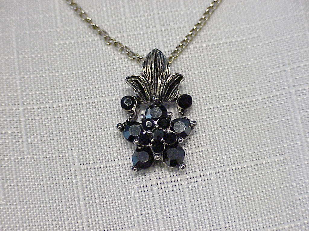 Silver Tone And Black Rhinestone Pendant Necklace