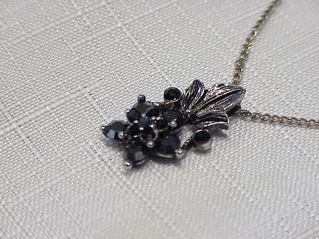 Silver Tone And Black Rhinestone Pendant Necklace