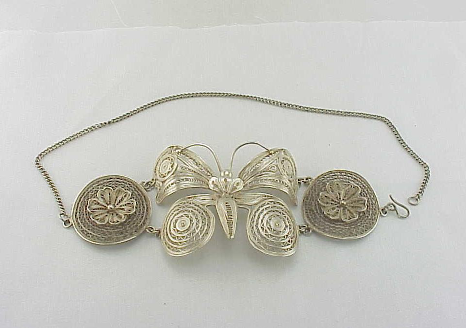 Vintage Wide Sterling Silver Filigree Butterfly Choker Necklace