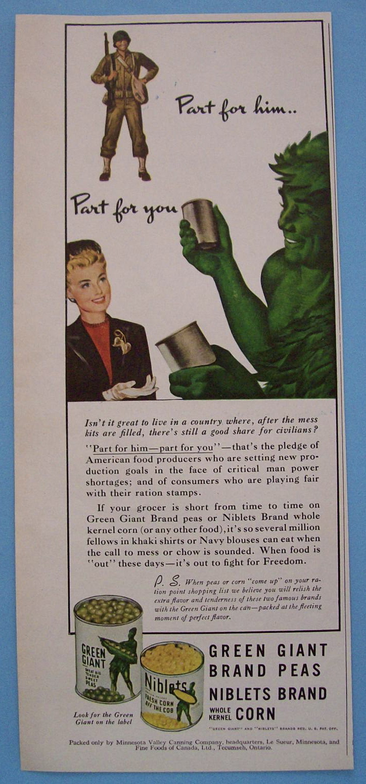1943 Green Giant Niblets & Peas w/Green Giant & Woman