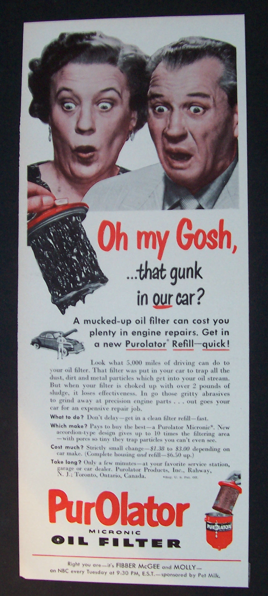 1951 Purolator Oil Filter with Fibber McGee & Molly