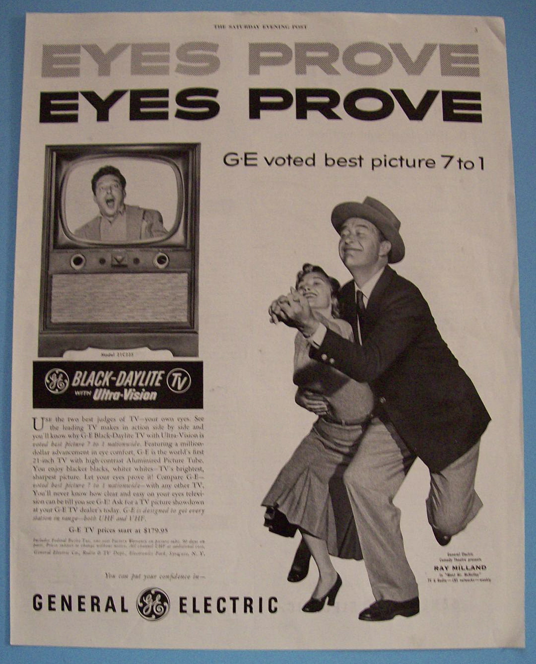 1953 General Electric Black Daylite TV with Ray Milland