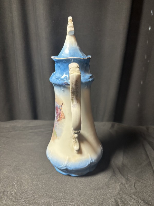Porcelain Chocolate Pot with Lid Victorian Courting Couple Blue White