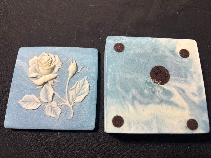 Vintage Blue & White Marbled Square Trinket Box with Raised Rose Design