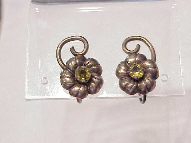 Vintage Sterling Silver Yellow Rhinestone Screwback Earrings