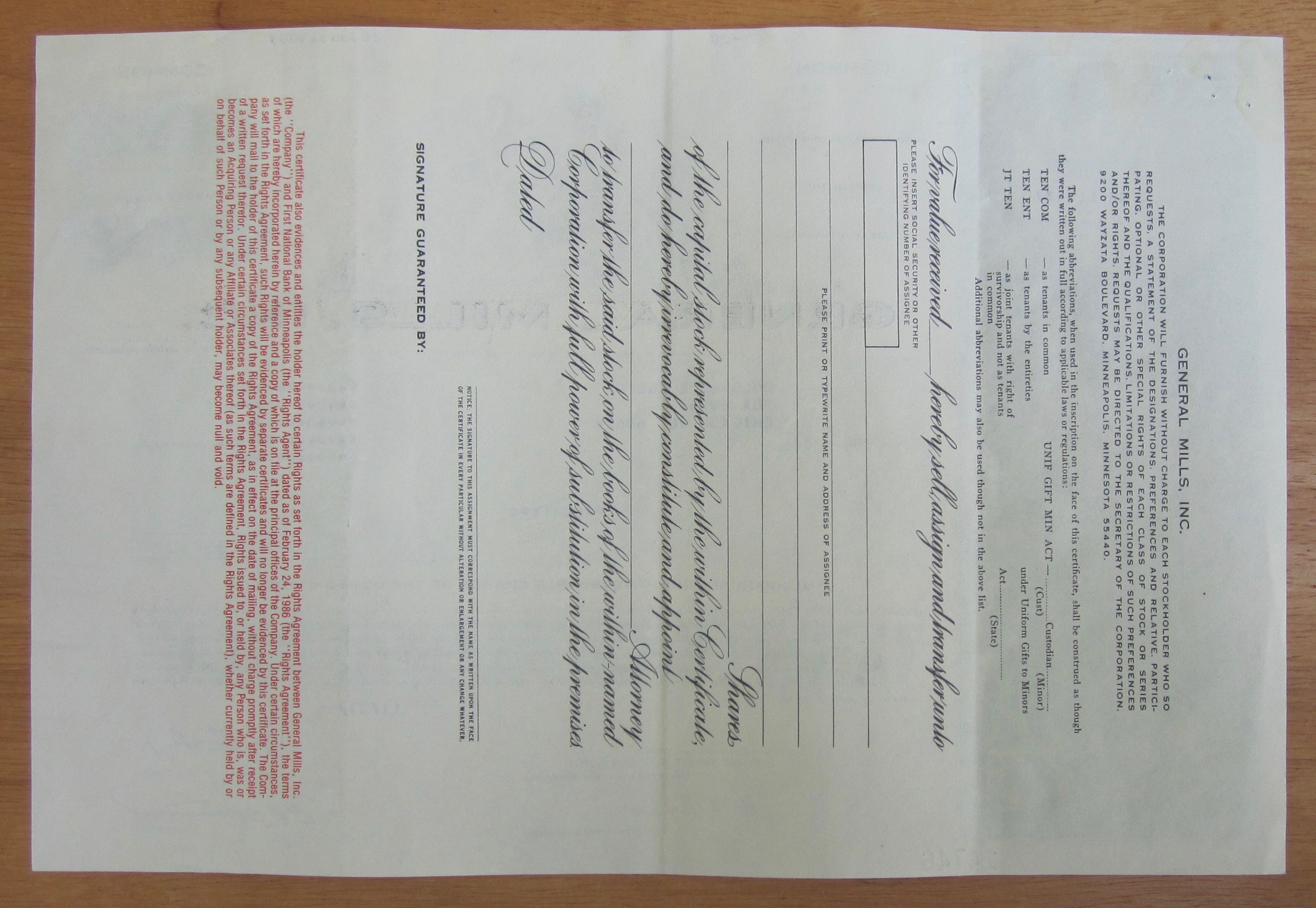1986 General Mills Incorporated Stock Certificate