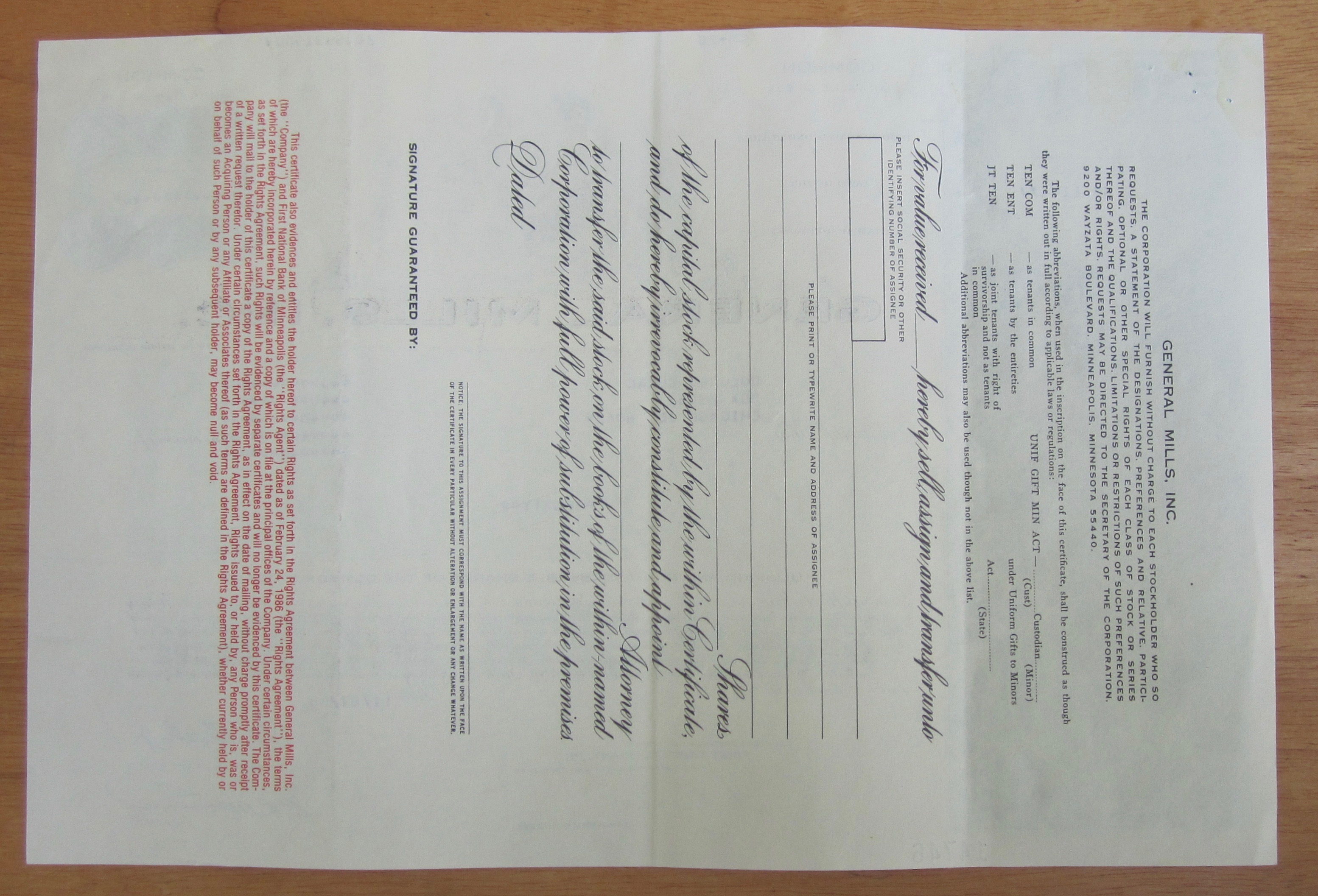 1986 General Mills Incorporated Stock Certificate