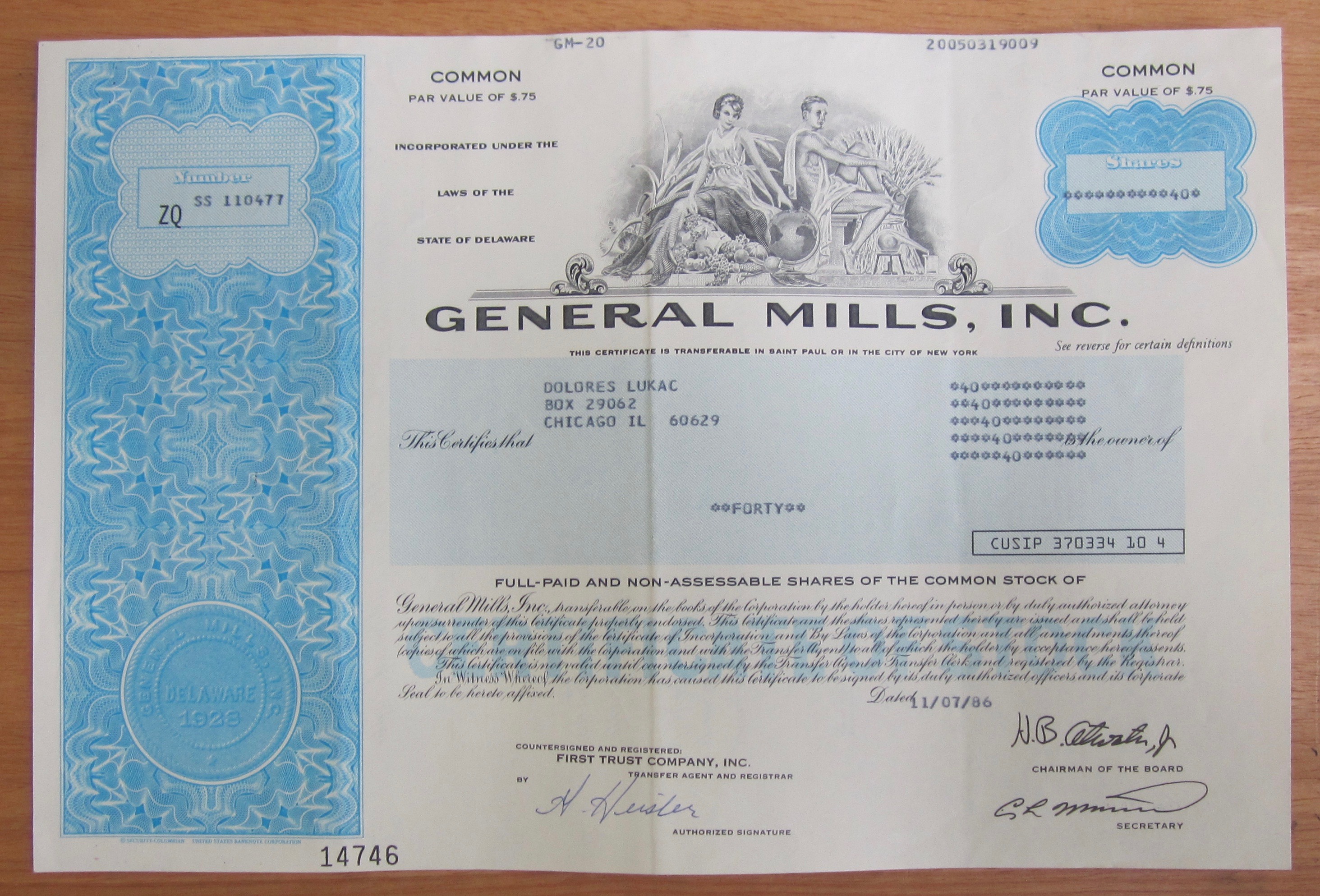 1986 General Mills Incorporated Stock Certificate