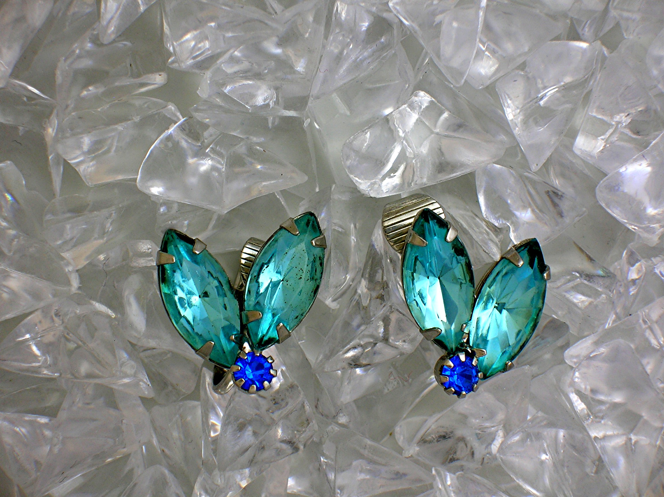 Aqua Crystal Silvertone Set Clip Earrings