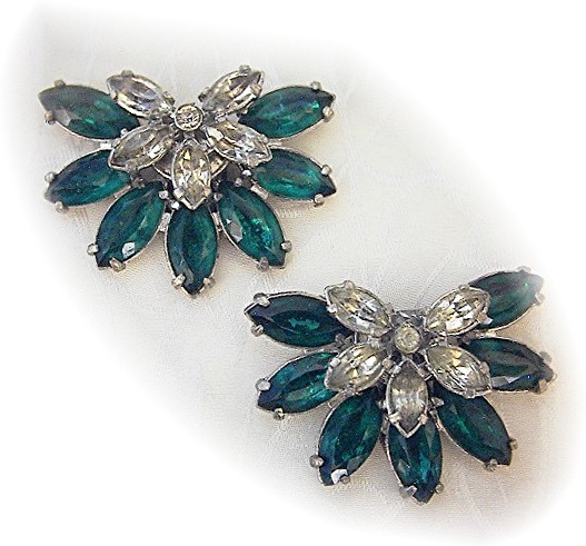 Dress Clips Emerald Clear Glass Rhinestones