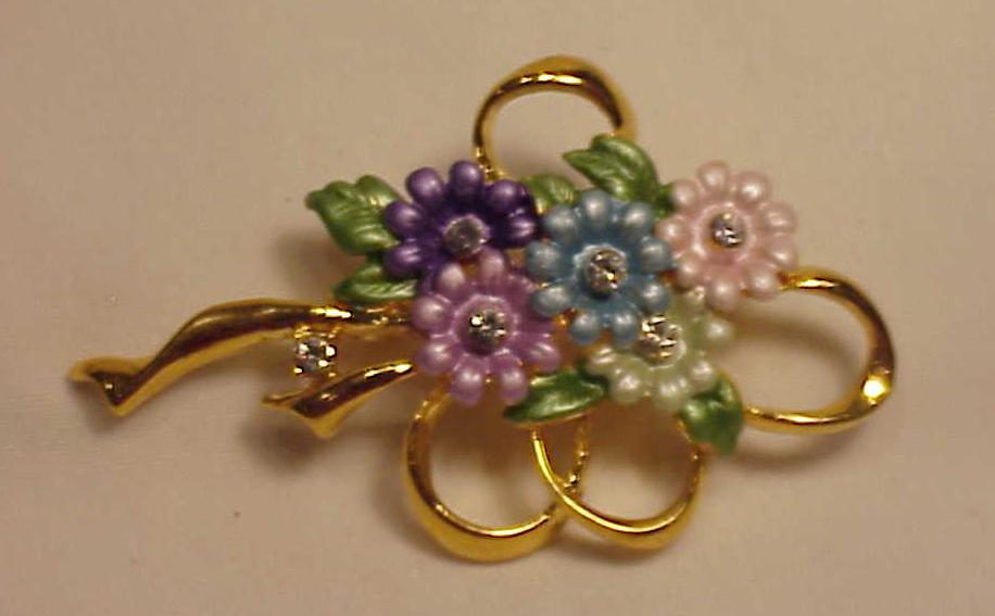 Enamel And Rhinestone Flower Nosegay Brooch
