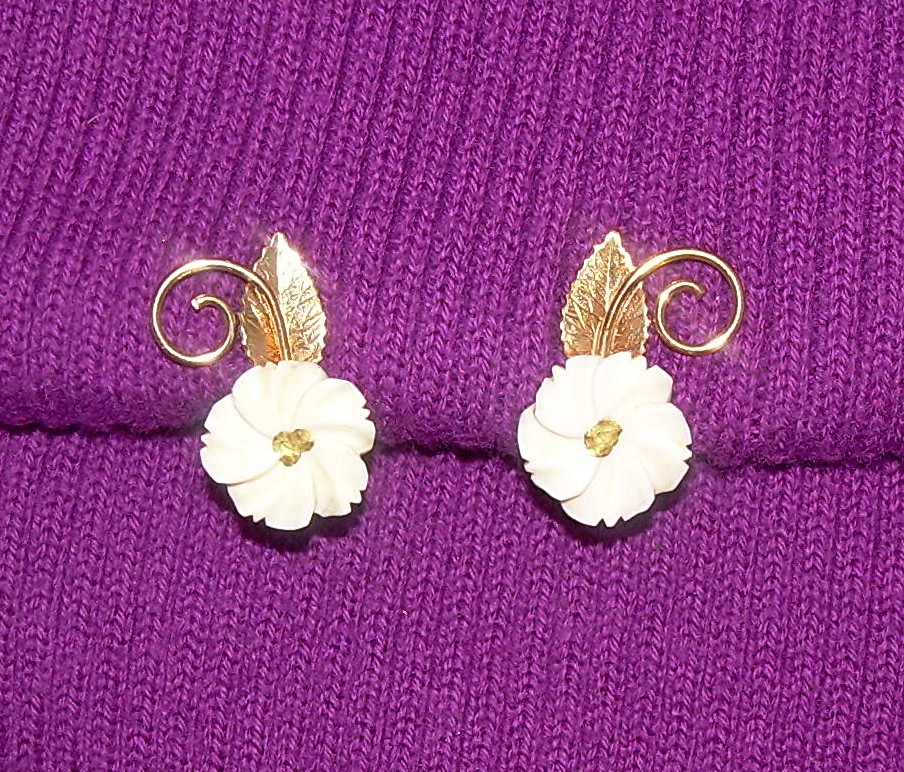 14K GF Ivory Carved  Flower Screwback Earrings Amco