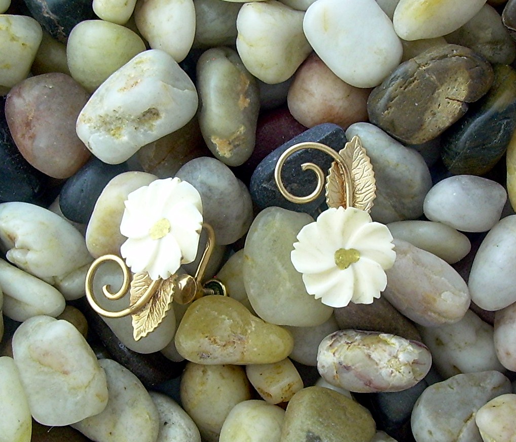14K GF Ivory Carved  Flower Screwback Earrings Amco