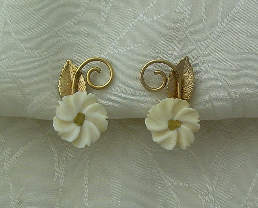 14K GF Ivory Carved  Flower Screwback Earrings Amco