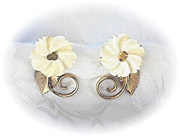 14K GF Ivory Carved  Flower Screwback Earrings Amco