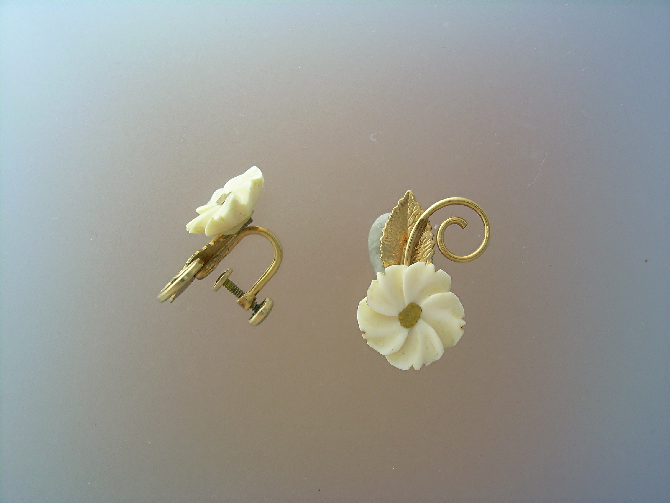 14K GF Ivory Carved  Flower Screwback Earrings Amco