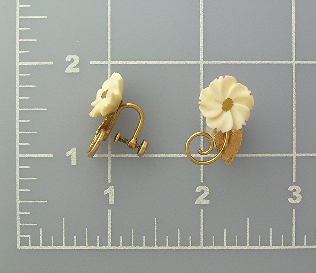 14K GF Ivory Carved  Flower Screwback Earrings Amco