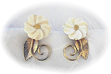 14K GF Ivory Carved Flower Screwback Earrings Amco