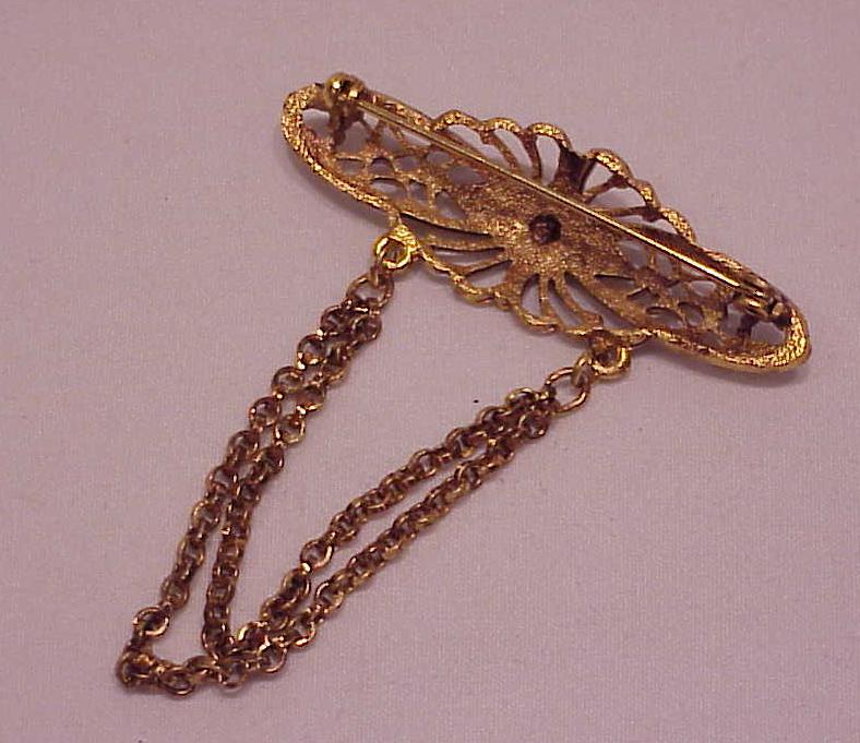 Vintage Antiqued Gold Tone Filigree Brooch With Dangling Chains