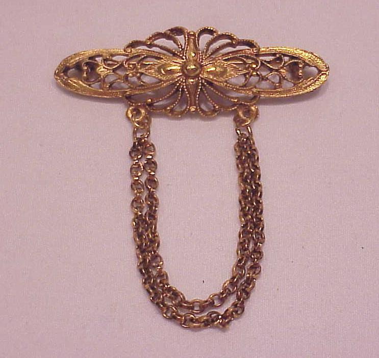 Vintage Antiqued Gold Tone Filigree Brooch With Dangling Chains