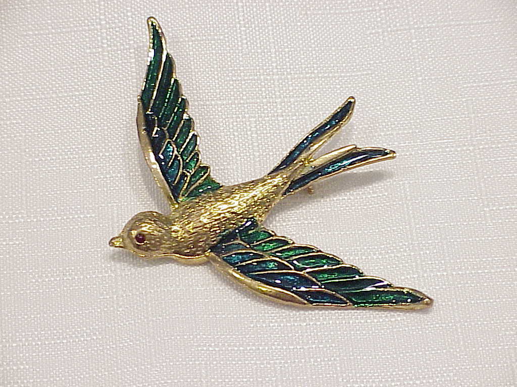 Blue And Green Enamel On Gold Tone Bird Brooch
