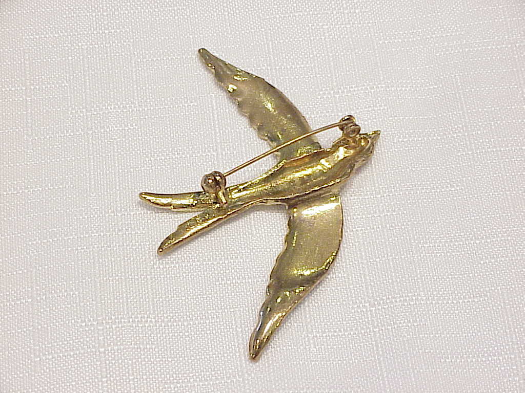Blue And Green Enamel On Gold Tone Bird Brooch