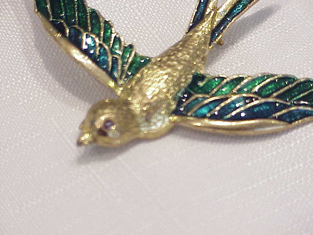 Blue And Green Enamel On Gold Tone Bird Brooch