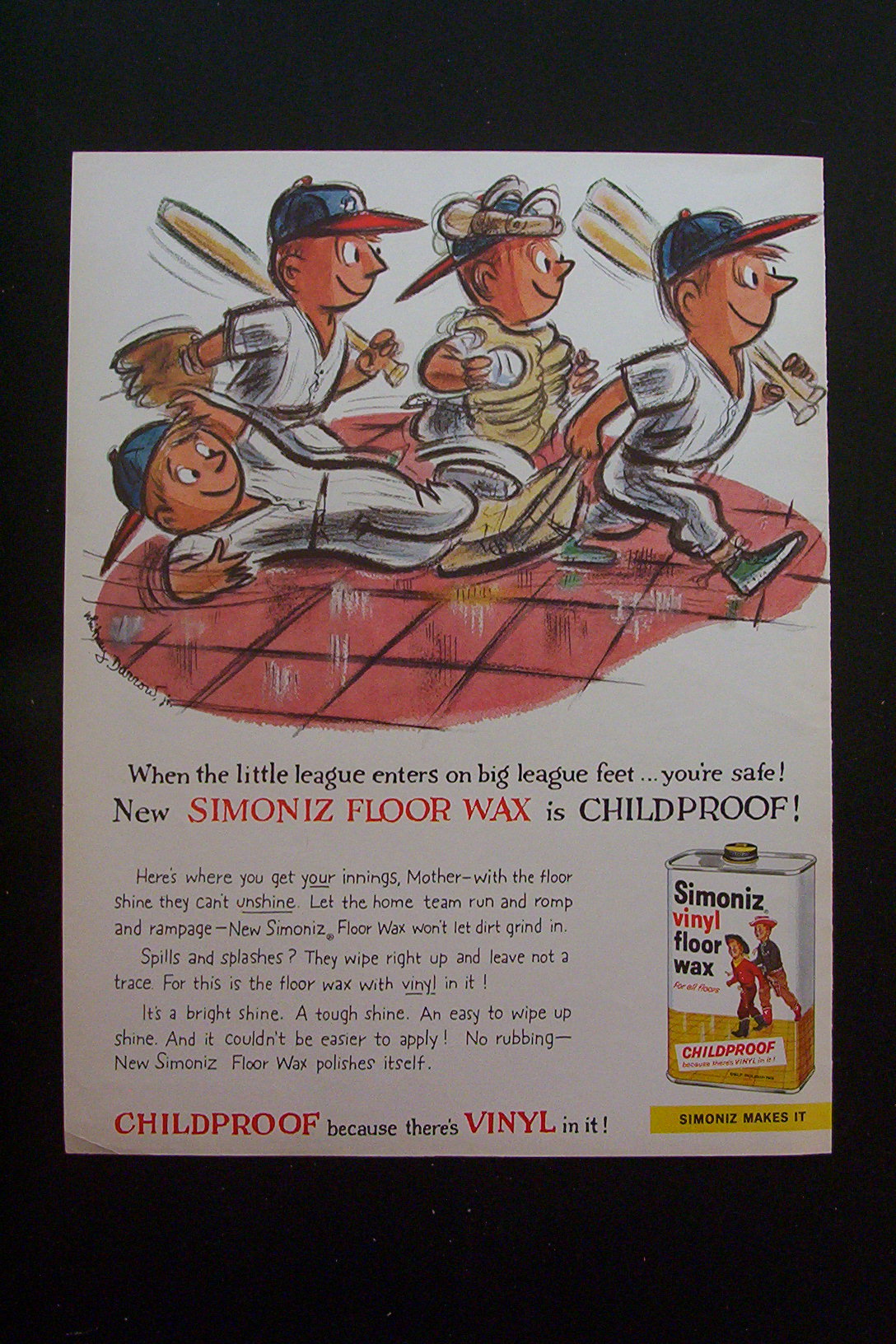 1959 Simoniz Vinyl Floor Wax w/Baseball Players & Shoes