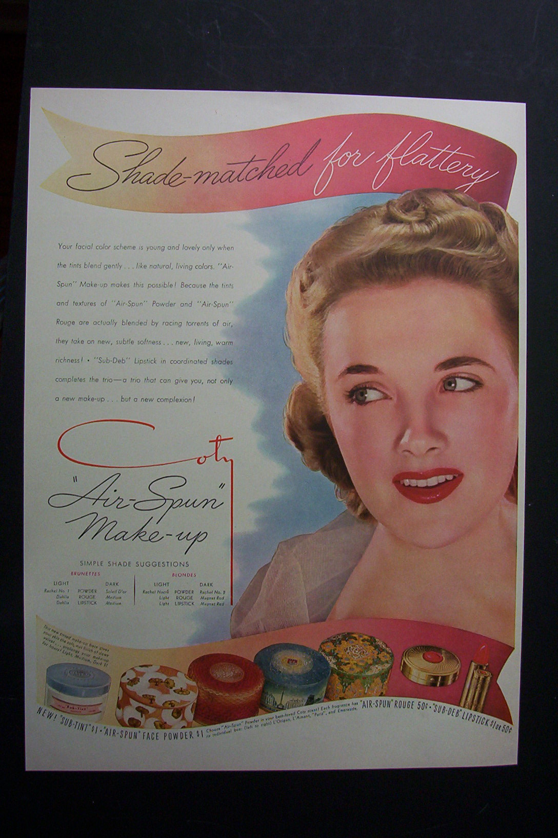1941 Coty Air Spun Make Up with Woman Wearing Make Up