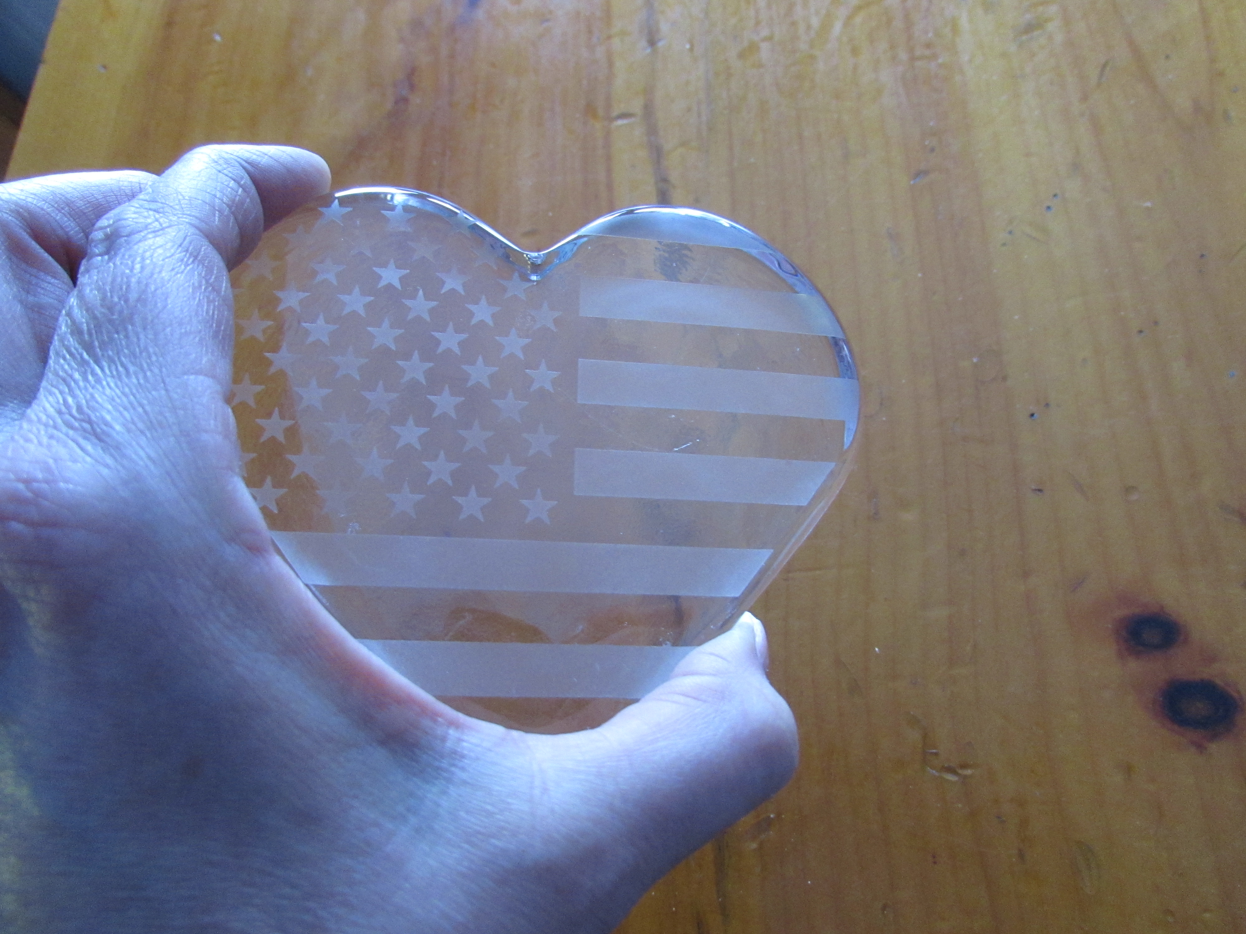 Patriotic Flag Heart Paperweight Acid etched white flag