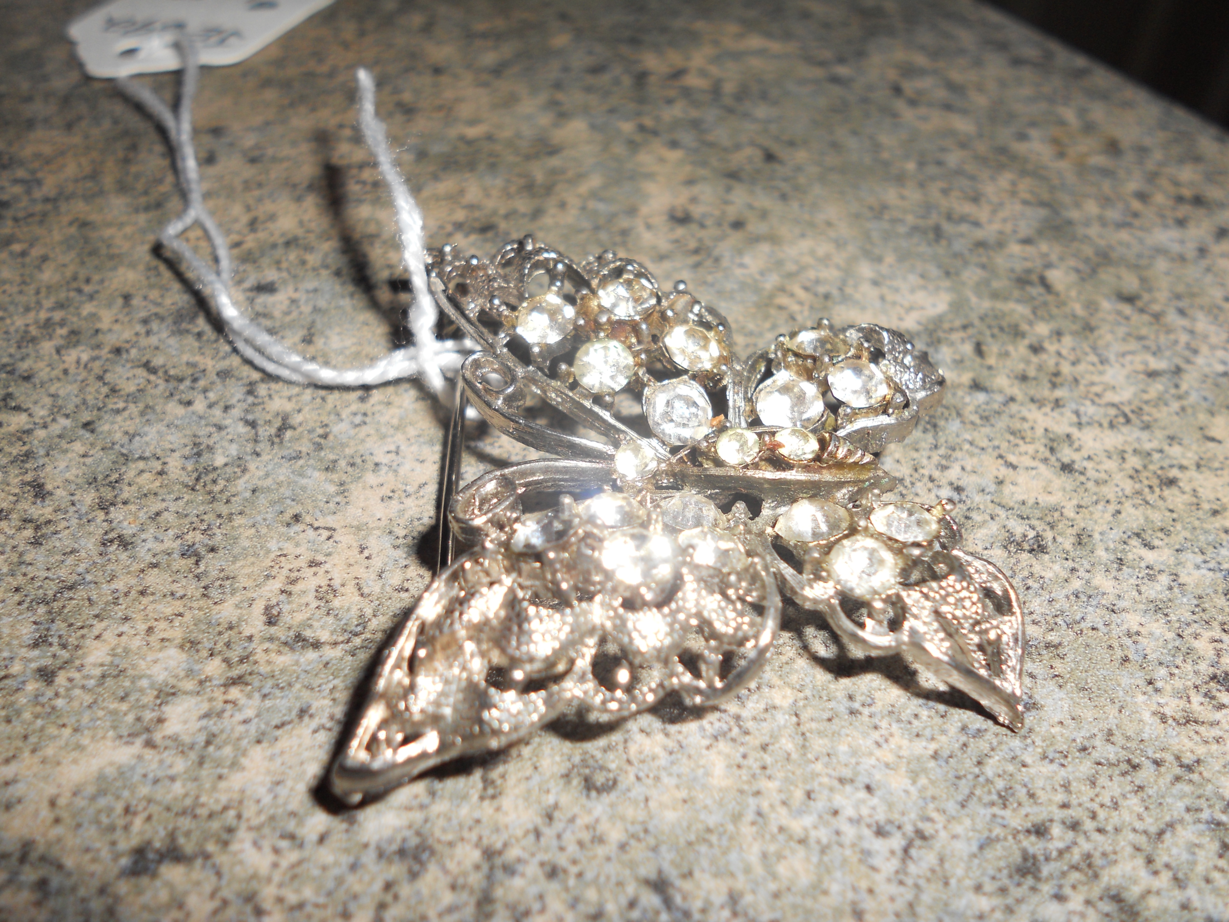 Butterfly Pin Silver Tone Crystal Rhinestones