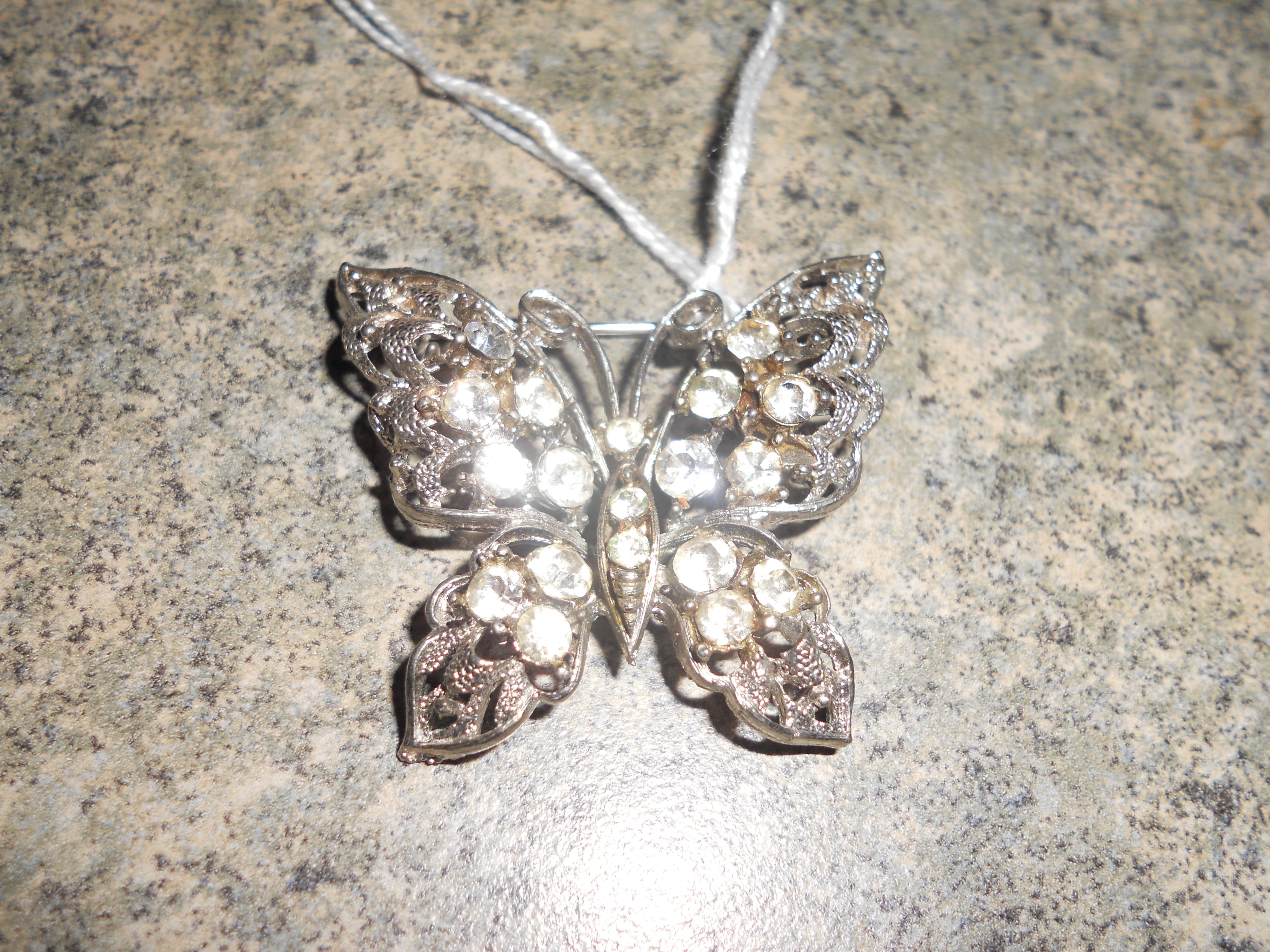 Butterfly Pin Silver Tone Crystal Rhinestones