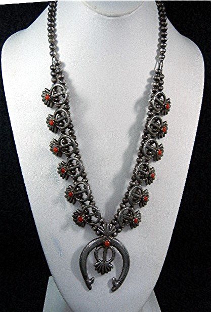 Navajo Sand Cast Coral Sterling Silver Squash Blossom
