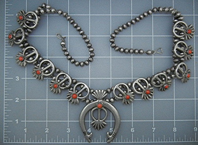 Navajo Sand Cast Coral Sterling Silver Squash Blossom