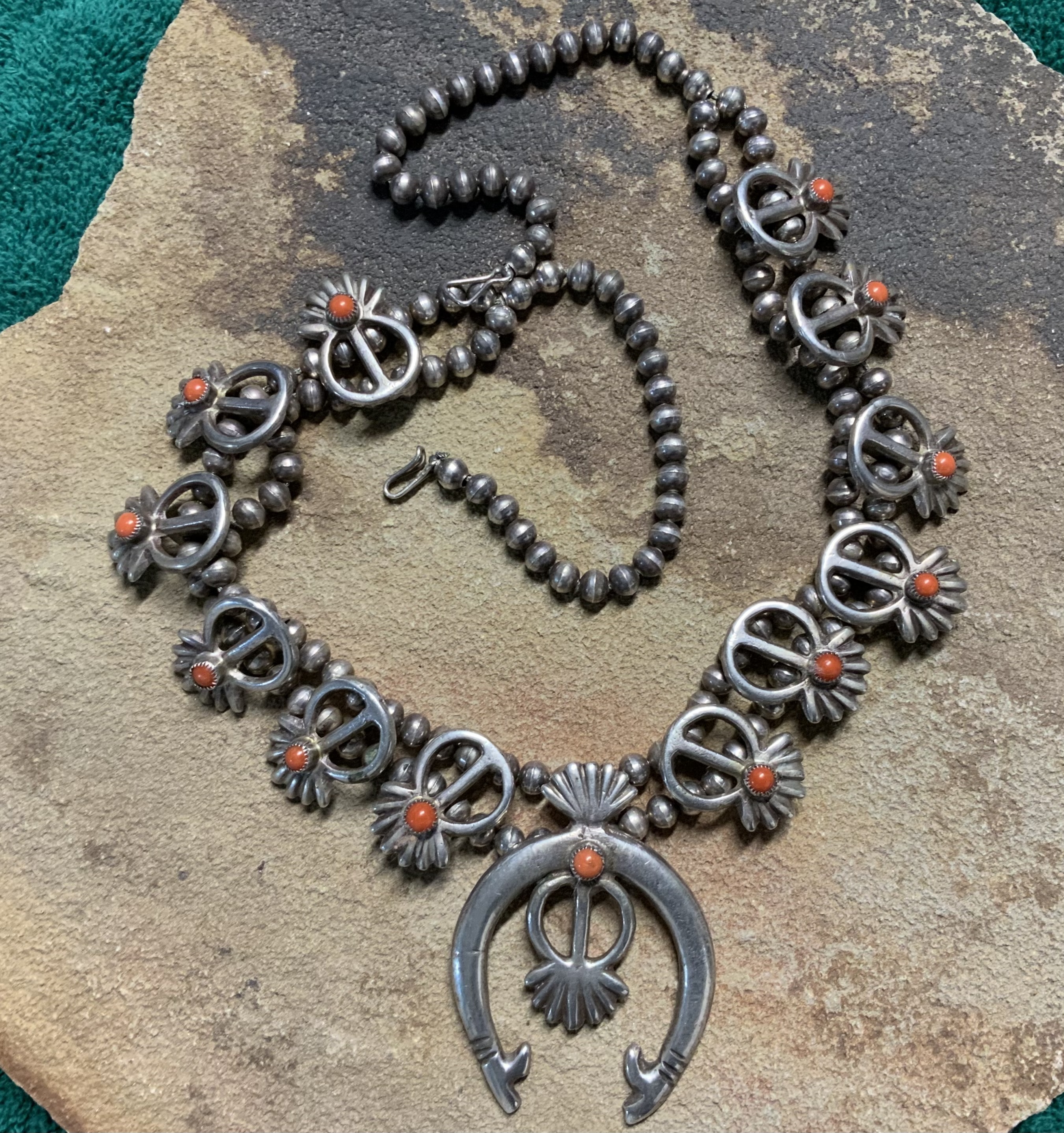 Navajo Sand Cast Coral Sterling Silver Squash Blossom