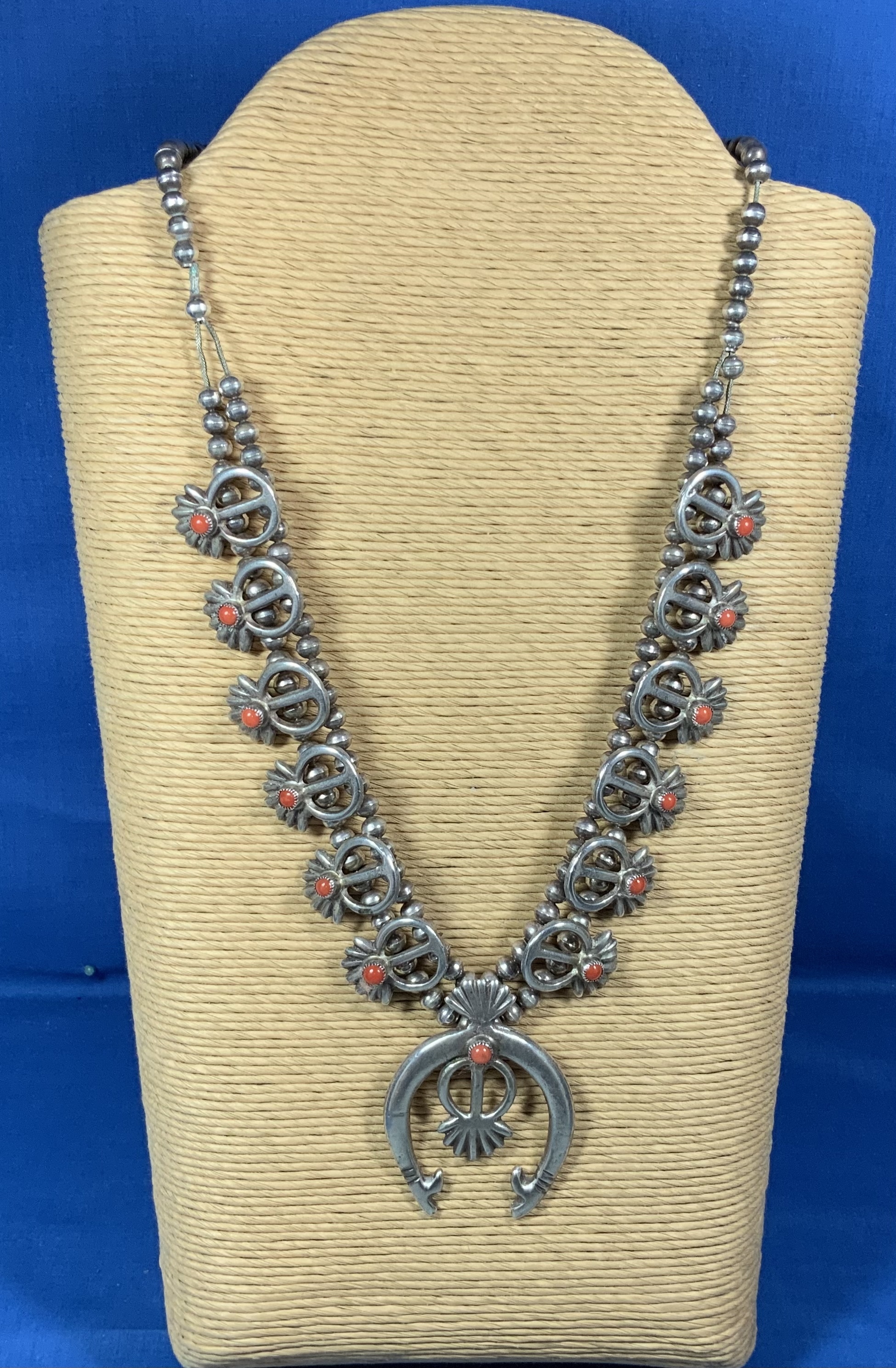 Navajo Sand Cast Coral Sterling Silver Squash Blossom