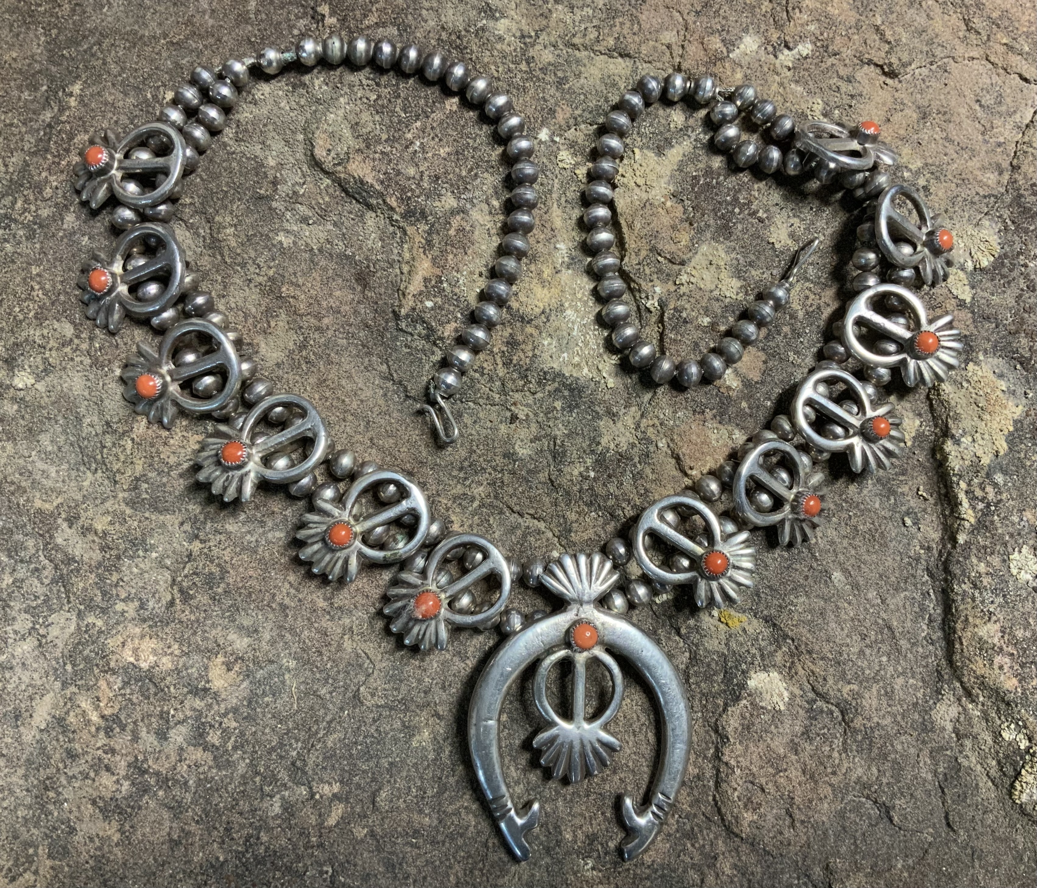 Navajo Sand Cast Coral Sterling Silver Squash Blossom