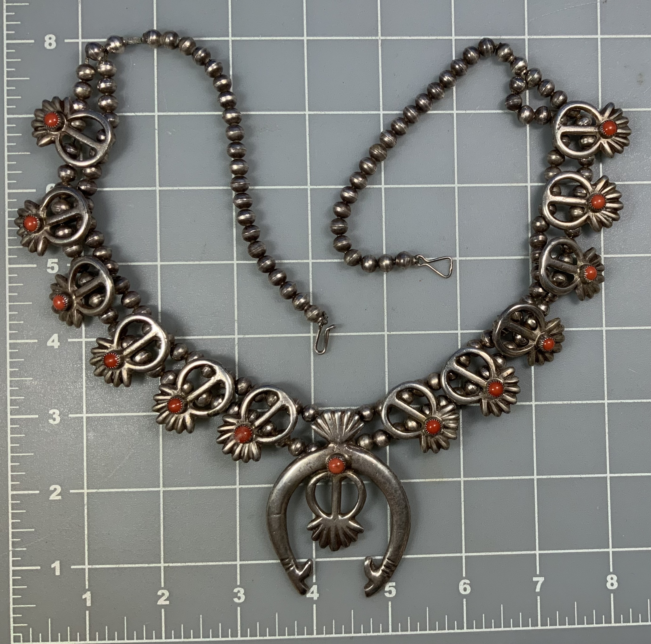 Navajo Sand Cast Coral Sterling Silver Squash Blossom