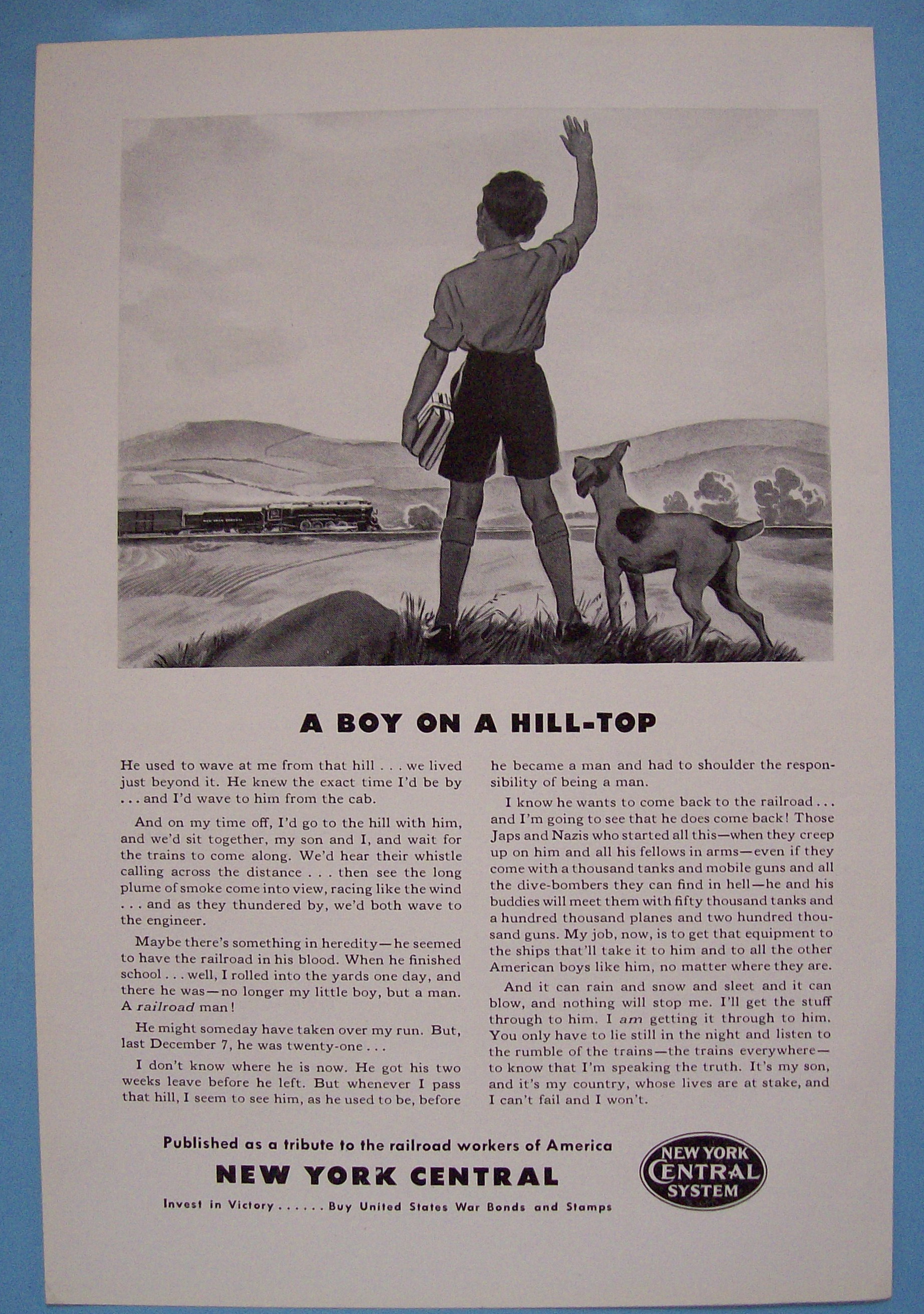1942 New York Central System With Boy On A Hill Waving To Train