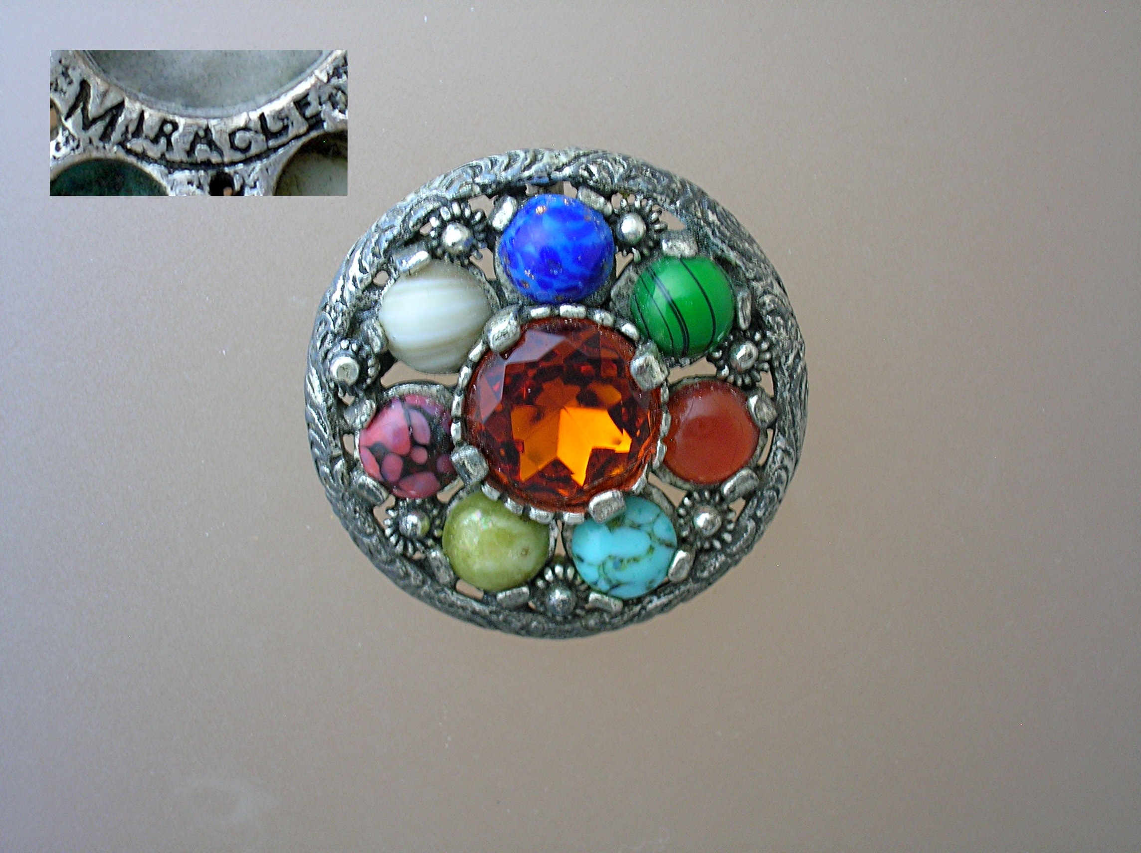 MIRACLE Brooch, Pin with Multi Colored Cobochon
