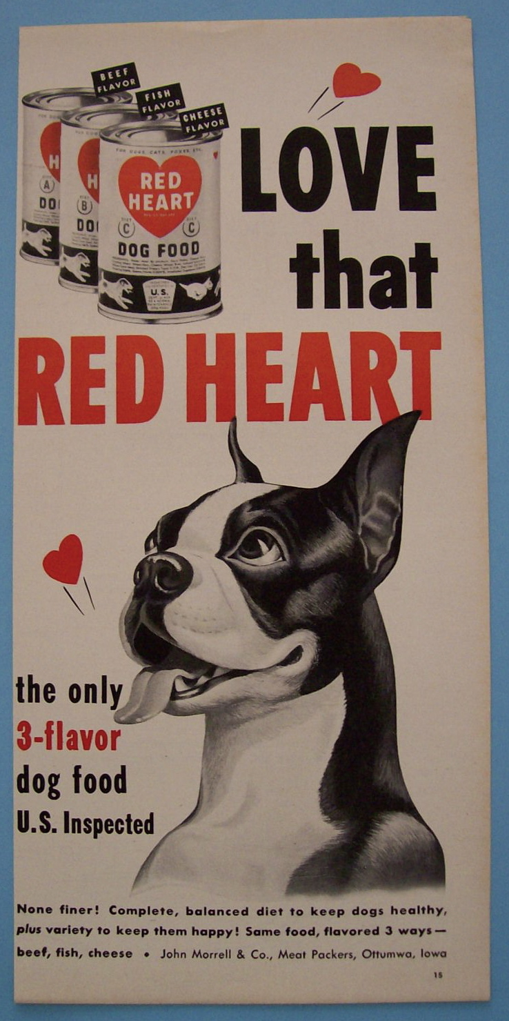 1951 Red Heart Dog Food with Dog Smiling