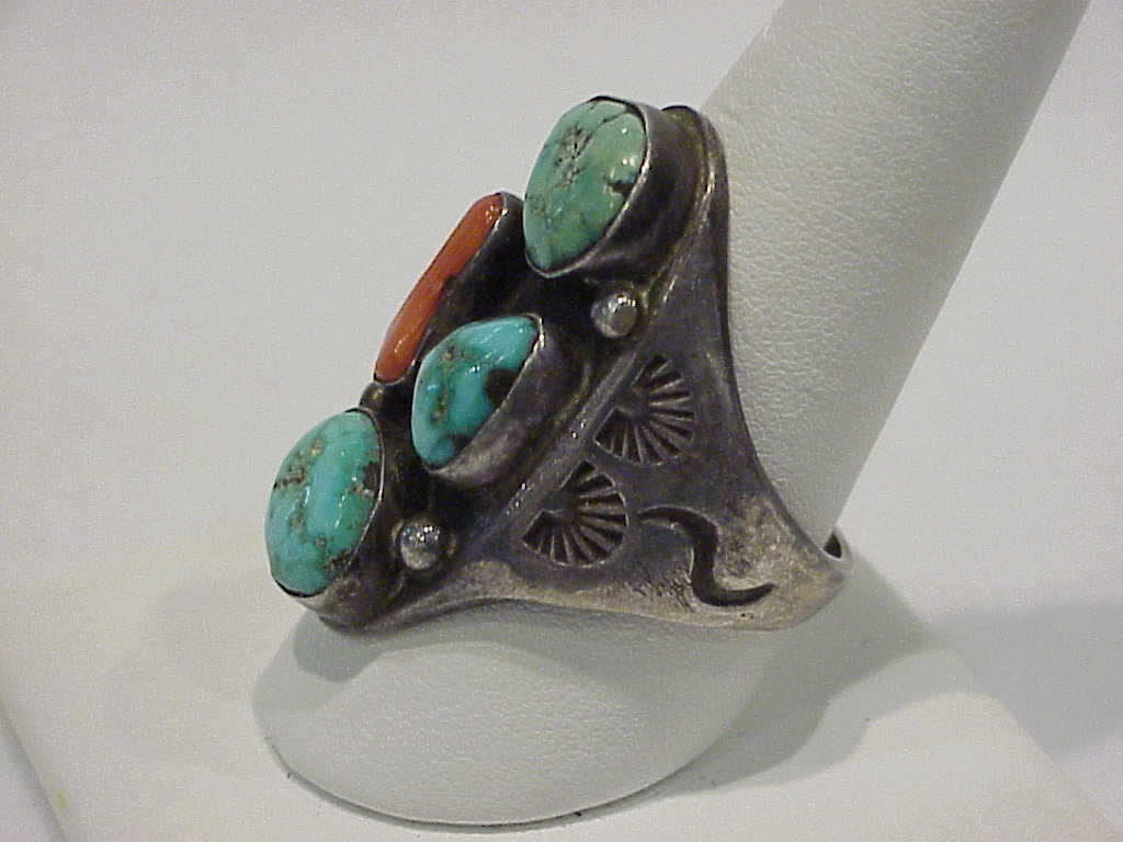 Old Pawn Native American Sterling Silver, Turquoise, Red Coral Ring