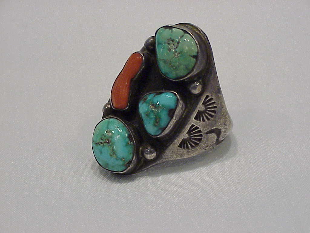 Old Pawn Native American Sterling Silver, Turquoise, Red Coral Ring