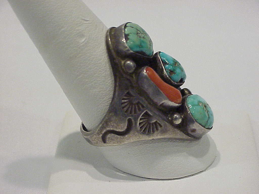 Old Pawn Native American Sterling Silver, Turquoise, Red Coral Ring