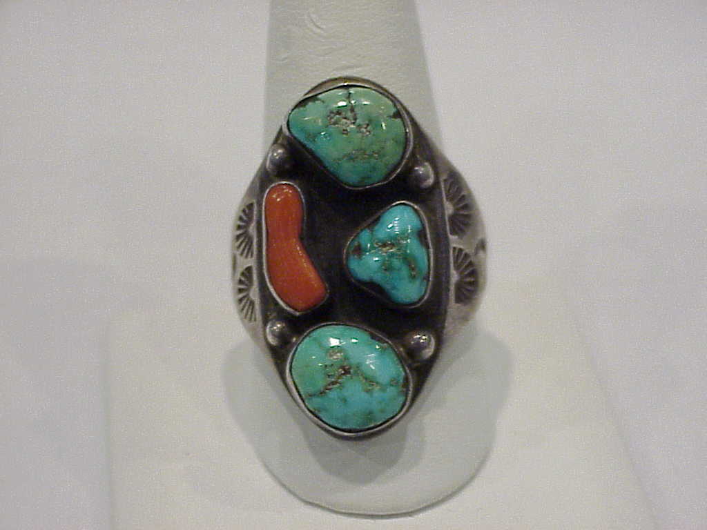 Old Pawn Native American Sterling Silver, Turquoise, Red Coral Ring