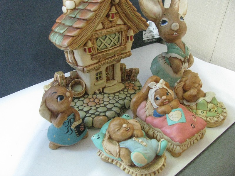 Vintage Hand-Painted Ceramic Rabbit Family & Cottage Figurine Set - 6 Pieces