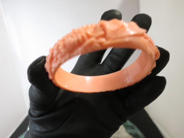 Coral Color Molded Celluloid Bangle Bracelet Floral Motif