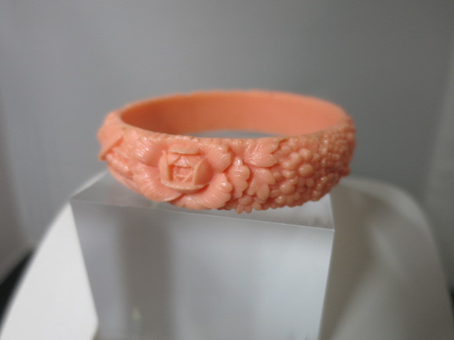 Coral Color Molded Celluloid Bangle Bracelet Floral Motif