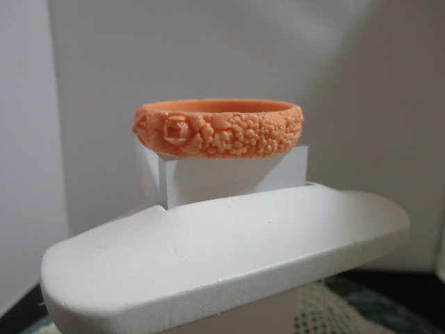 Coral Color Molded Celluloid Bangle Bracelet Floral Motif
