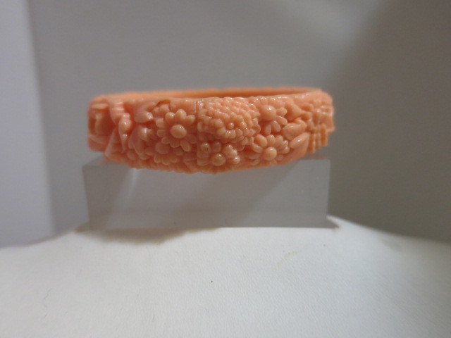 Coral Color Molded Celluloid Bangle Bracelet Floral Motif